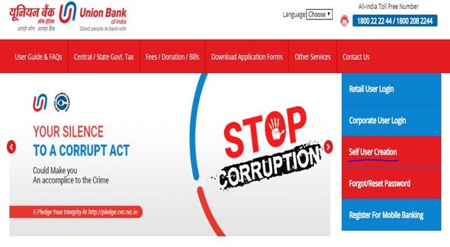 Union Bank of India Net Banking Self User Creation