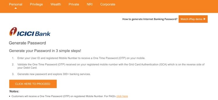 Generate the Password for ICICI Bank Net Banking